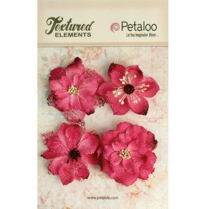 Набор цветов из ткани "Petaloo" 1200-212  Burlap Blossoms х 4- Fuschia (арт. 1200-212)
