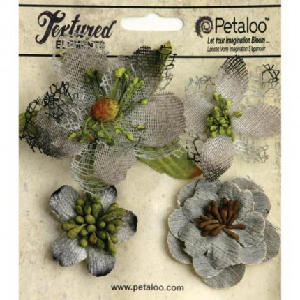 Набор цветов из ткани "Petaloo" 1256-210 Mixed Textured Blossoms х 4 (серый) (арт. 1256-210)