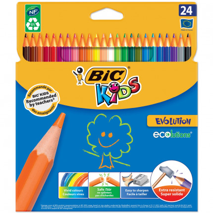 Карандаши цветные BIC "Kids ECOlutions Evolution", 24 цвета, пластиковые, заточенные, европодвес, 937515 (арт. 937515)