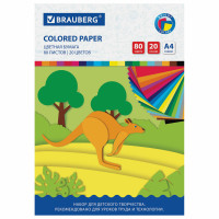 Brauberg 113539 Цветная бумага А4 офсетная, 80 листов 20 цветов, в папке, BRAUBERG, 200х290 мм, "Кенгуру", 113539 