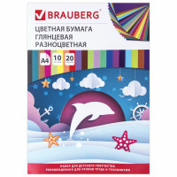 Brauberg 129923 Цветная бумага А4 ДВУХЦВЕТНАЯ МЕЛОВАННАЯ, 10 листов, 20 цветов, в папке, BRAUBERG, 200х280 мм, "Дельфин", 129923 
