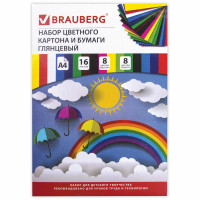 Brauberg 129931 Набор цветного картона и бумаги А4 мелованные (глянцевые), 8+8 цветов, в папке, BRAUBERG, 200х290 мм, "Радуга", 129931 