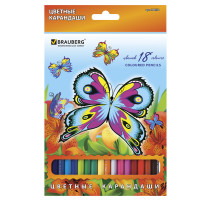 Brauberg 180550 Карандаши цветные BRAUBERG "Wonderful butterfly", 18 цветов, заточенные, картонная упаковка с блестками, 180550 