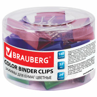 Brauberg 221129 Зажимы для бумаг BRAUBERG, КОМПЛЕКТ 24 шт., 32 мм, на 140 листов, цветные, в пластиковом цилиндре, 221129 