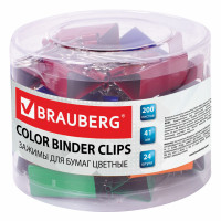 Brauberg 221130 Зажимы для бумаг BRAUBERG, КОМПЛЕКТ 24 шт., 41 мм, на 200 листов, цветные, в пластиковом цилиндре, 221130 