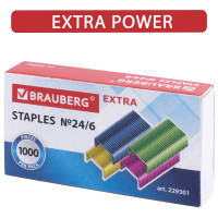 Brauberg  Скобы для степлера цветные №24/6, 1000 штук, BRAUBERG "EXTRA", до 30 листов, 229301 