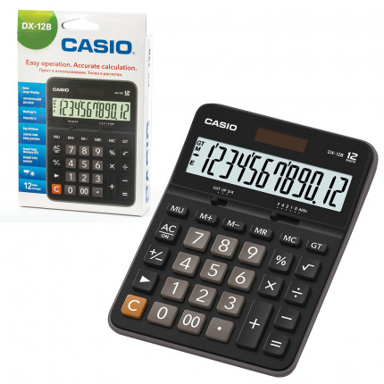 Калькулятор настольный CASIO DX-12B-W (175х129 мм), 12 разрядов, двойное питание, черный, DX-12B-W-EC (арт. DX-12B-W-EC)