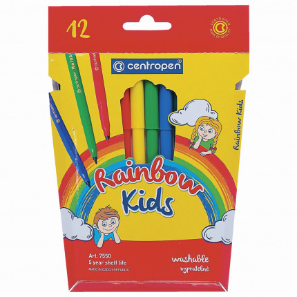 Фломастеры 12 ЦВЕТОВ CENTROPEN "Rainbow Kids", трехгранные, смываемые, картонная упаковка, 7550/12KK, 7 7550 1203 (арт. 7 7550 1203)