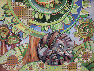 Схема для вышивания  Канва/ткань с рисунком "Gamma" Основа с рисунком для вышивания бисером 30 x 39 см OBB-0103 "Кот и ромашки"