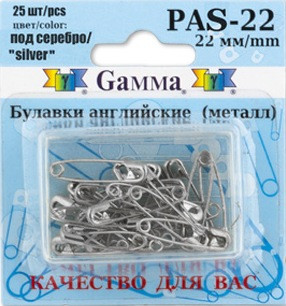 Булавки английские "Gamma" PAS-22 под серебро в блистере (арт. PAS-22)