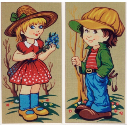 Схема для вышивания D.291 Девочка с голубыми цветами и мальчик