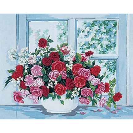 Схема для вышивания 11.399 Канва жесткая с рисунком GRAFITEC 11.399 Розы на окне 50 x 40 см