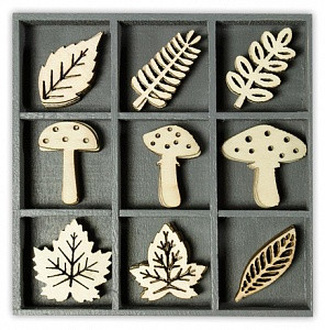 Декоративные элементы из дерева в коробочке "Грибы и листья" (арт. 2118521020)