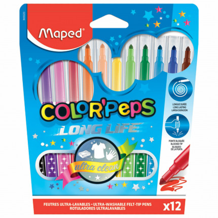 Фломастеры MAPED (Франция) "Color'Peps Long Life", 12 цветов, смываемые, трехгранные, картонная упаковка, 845020 (арт. 845020)