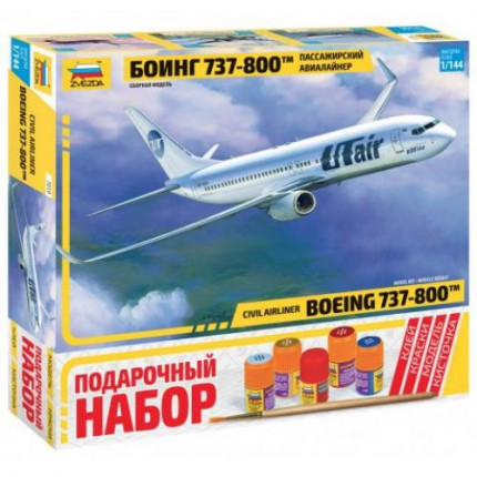 Сборная Модель 1:144 Пассажирский авиалайнер Боинг 737-800 (модель+клей+краски+кисточка) 7019П (арт. 11-136873)
