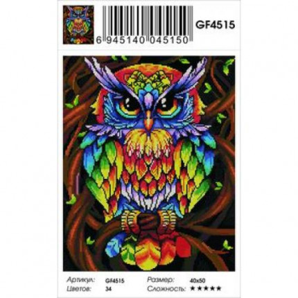 Алмазная мозаика Цветная сова (40*50см, стразы квадратные, контейнер, основа-холст с подрамником) GF4515 (арт. 11-183614)