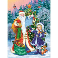 Рыжий кот 11-196271 Картина по номерам  Дед Мороз и внучка дарят подарки (17*22см, акриловые краски, кисти) ХК-2271, 