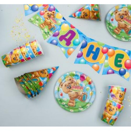 2865991 Праздничный набор бумажной посуды "С Днем рождения!" (6 стаканов, 6 тарелок, 6 колпаков, гирлянда, Мишка с шарами) (арт. 13-878222)