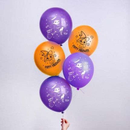 Шар воздушный 12" Счастливого Хеллоуина (5шт., фиолетовый и оранжевый) 7003719 (арт. 13-886070)