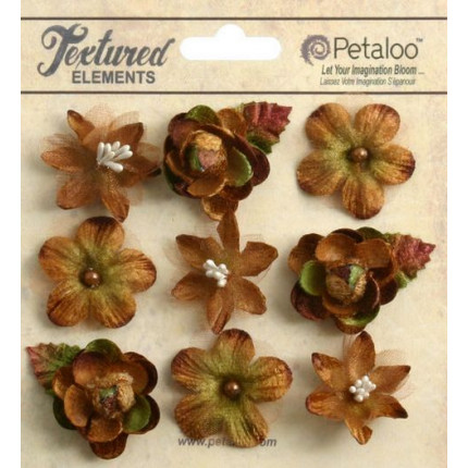 Набор цветов из ткани "Petaloo" 1263-202 Mixed Textured Mini Blossoms х 9 (мокка) (арт. 202)