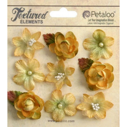 Набор цветов из ткани "Petaloo" 1263-203 Mixed Textured Mini Blossoms х 9 (янтарь) (арт. 203)