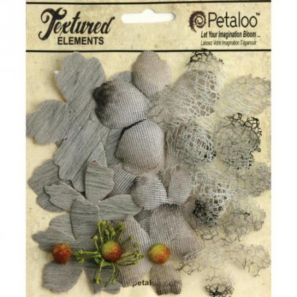 Набор цветов из ткани "Petaloo" 1257-210 Mixed Textured Blossoms х 12 (серый) (арт. 210)