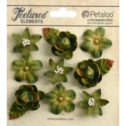Набор цветов из ткани "Petaloo" 1263-201 Mixed Textured Mini Blossoms х 9 (болотный) (арт. 1263-201)