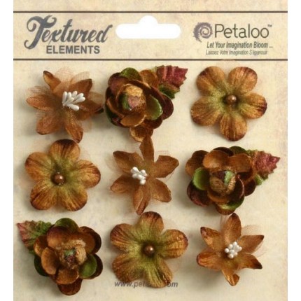 Набор цветов из ткани "Petaloo" 1263-202 Mixed Textured Mini Blossoms х 9 (мокка) (арт. 1263-202)