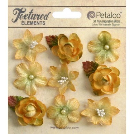 Набор цветов из ткани "Petaloo" 1263-203 Mixed Textured Mini Blossoms х 9 (янтарь) (арт. 1263-203)