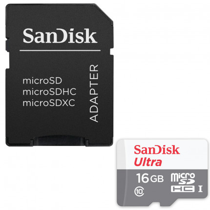 Карта памяти microSDHC, 16 GB, SANDISK Ultra UHS-I U1, 80 Мб/сек (class 10), адаптер, QUNS-016G-GN3MA (арт. QUNS-016G-GN3MA)