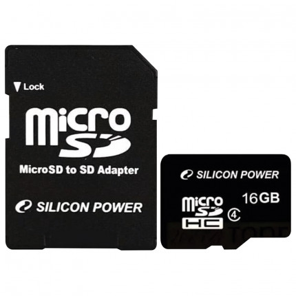 Карта памяти micro SDHC, 16 GB, SILICON POWER, 4 Мб/сек. (class 4), с адаптером, 16GBSTH004V10SP (арт. 16GBSTH004V10SP)