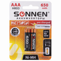 SONNEN  Батарейки аккумуляторные SONNEN, ААА (HR03), Ni-Mh, 650 mAh, 2 шт., в блистере, 454236 