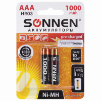 SONNEN  Батарейки аккумуляторные SONNEN, ААА (HR03), Ni-Mh, 1000 mAh, 2 шт., в блистере, 454237 