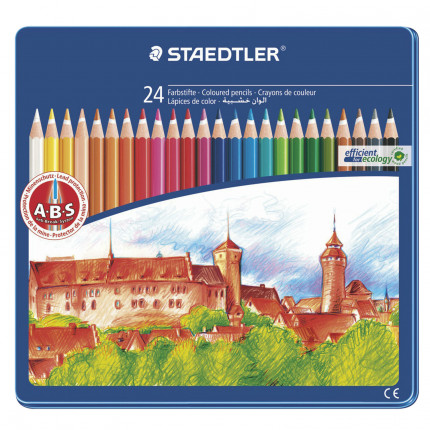 Карандаши цветные STAEDTLER (Германия) "Noris club", 24 цвета, заточенные, металлический пенал, 145 CM24 (арт. 145 CM24)